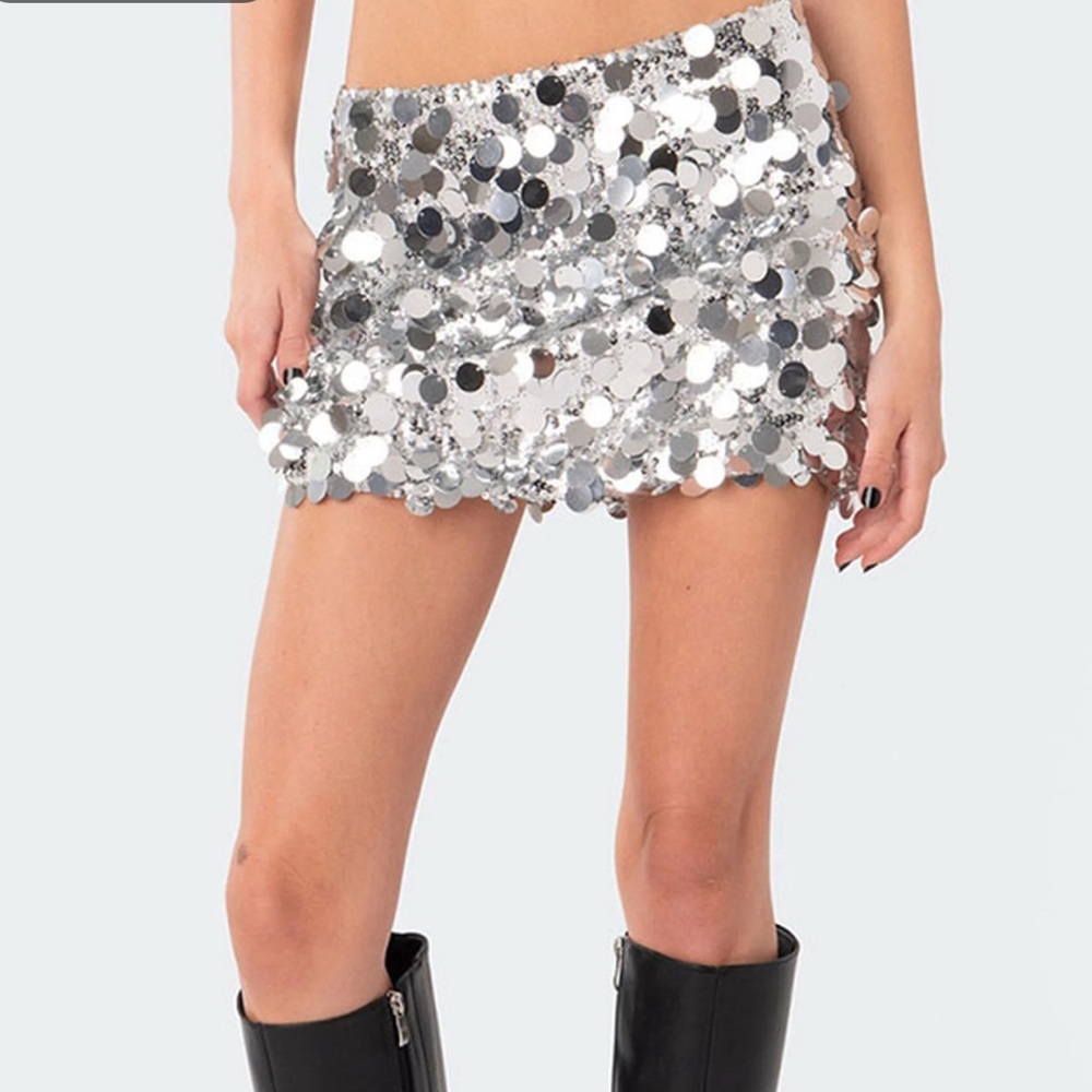 Edikted Silver Sequin Mini Skirt
